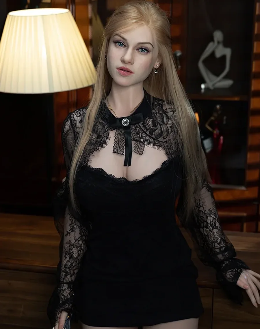 Blonde realistic doll in a black lace dress